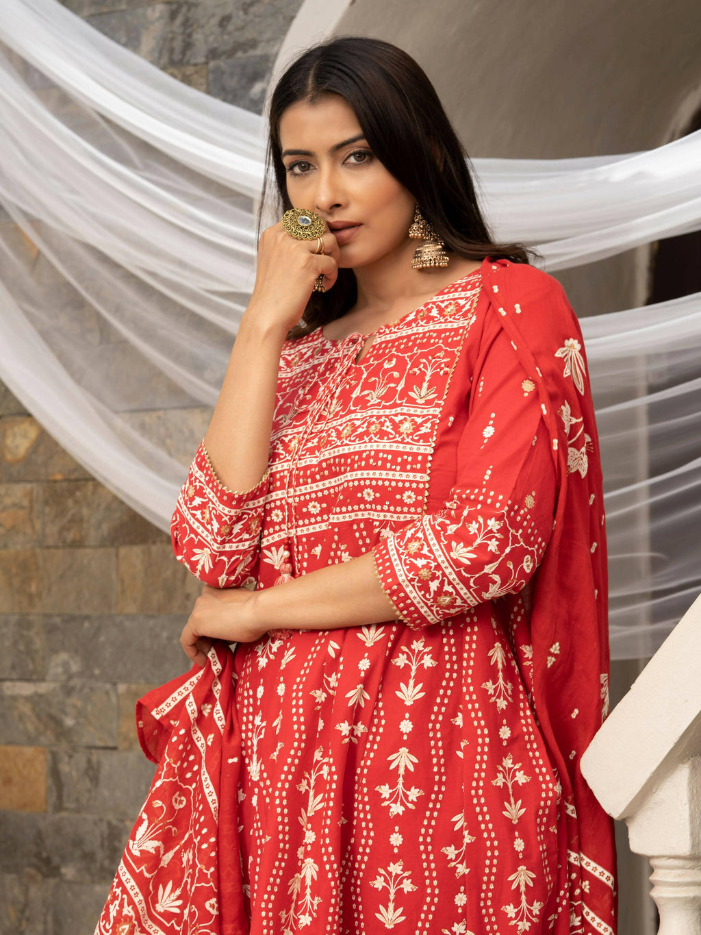 Red Cotton Cambric Printed with Sequins work Anarkali Kurta with Pant & Dupatta - Akashara