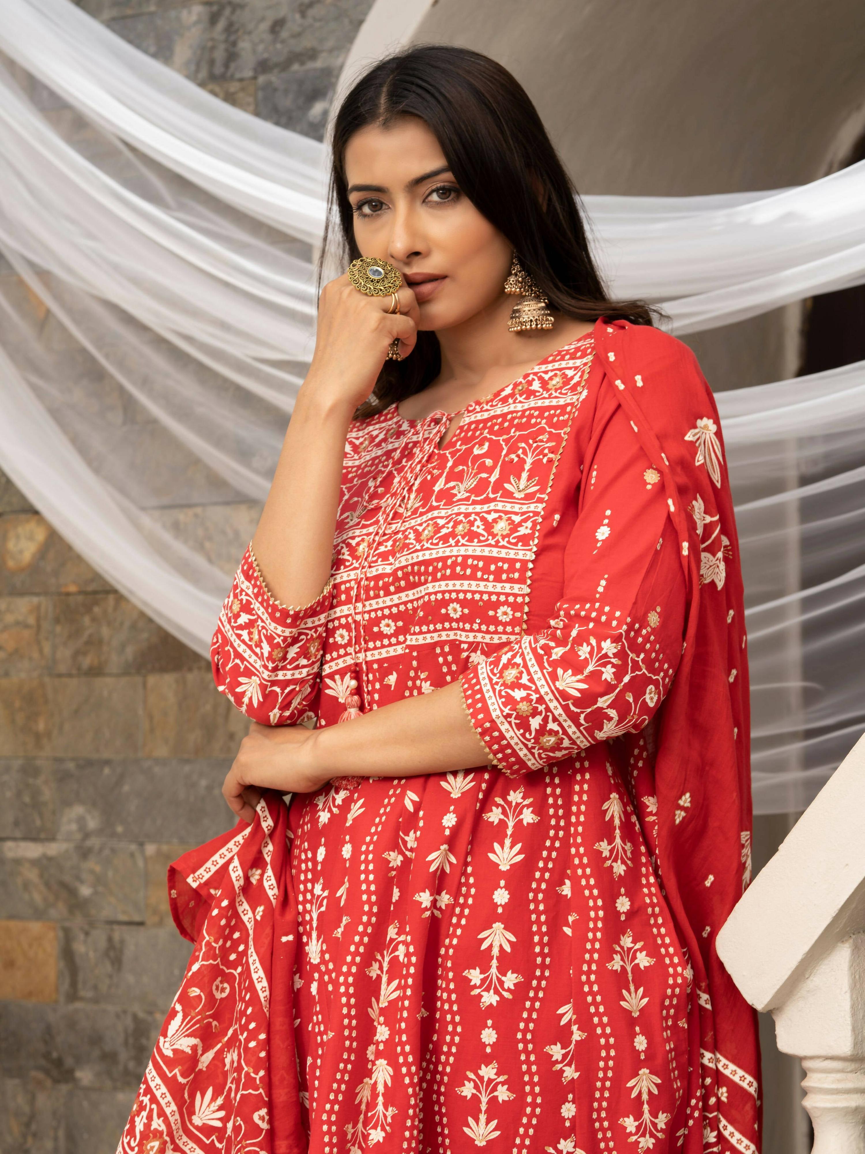 Red Cotton Cambric Printed with Sequins work Anarkali Kurta with Pant & Dupatta - Akashara