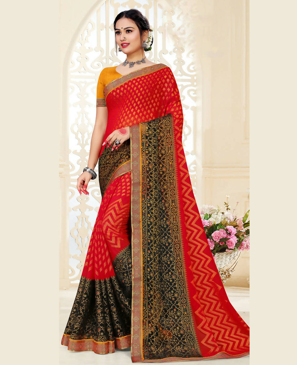 Red & Black Chiffon Brasso Printed Saree With Unstitched Blouse Piece - Jyoti