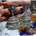 MS Fashion India Lotus Design Traditional Tribal Oxidized Silver Jhumka Earrings