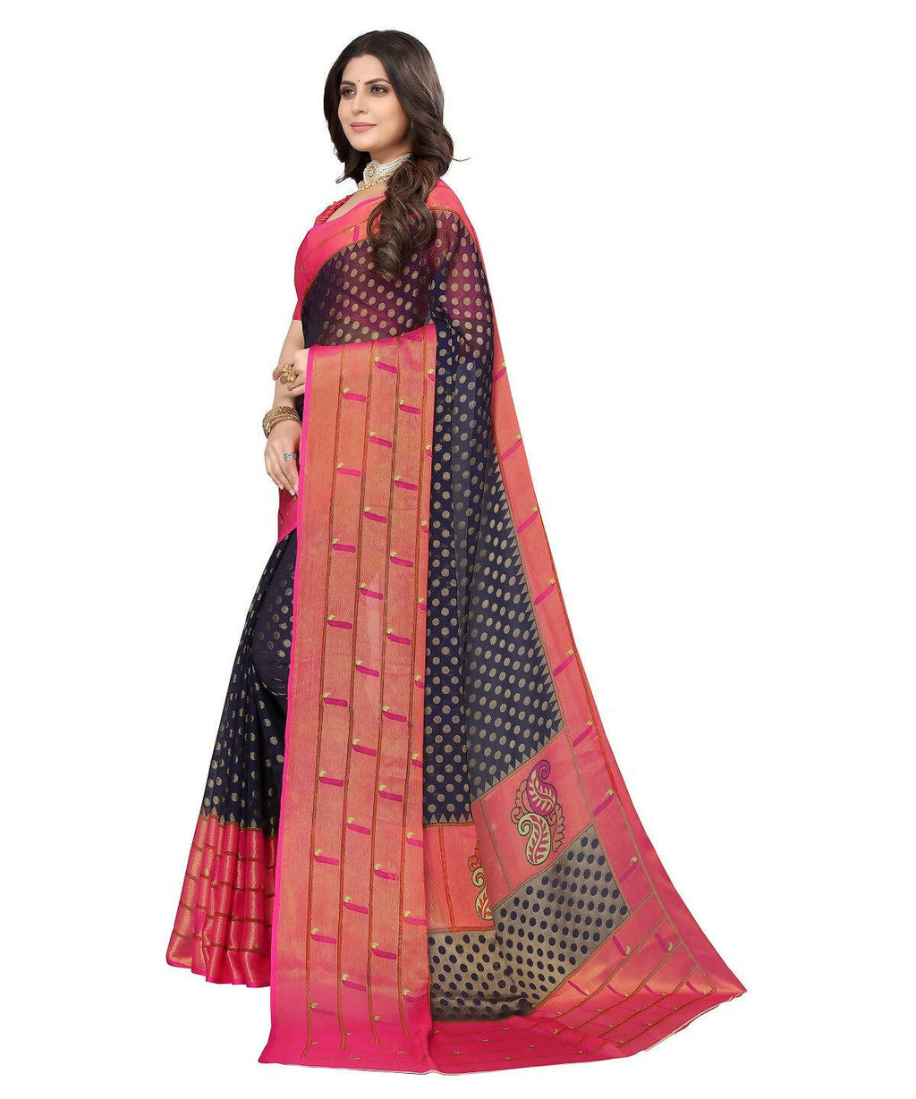 Vamika Navy Blue Chiffon Brasso Bollywood Style Woven Saree (DIMPLE NAVY)