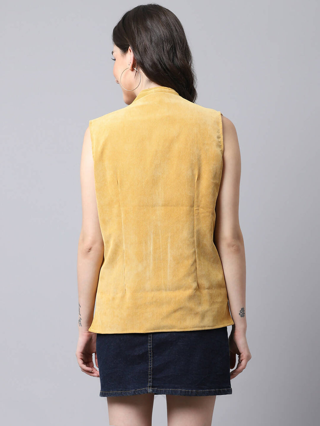 Even Apparels Mustard Polyblend Open Front Women's Waistcoat