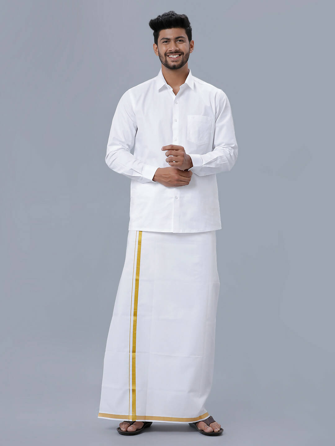 Ramraj Cotton Mens Pure Cotton 3/4 Inch Gold Jari Dhoti - White