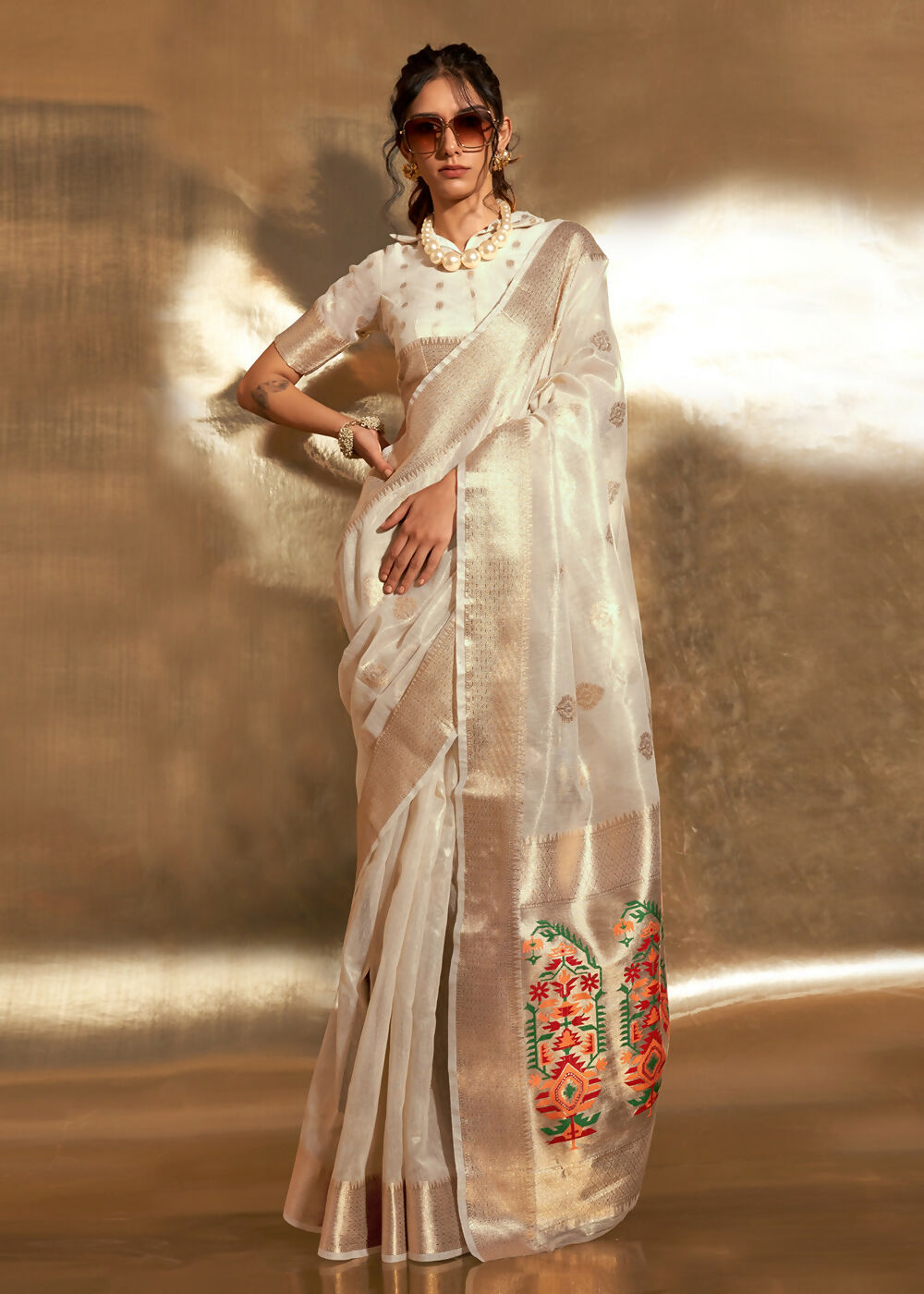 Off White Handwoven Tissue Fabric Festive & Party Style Saree - Emponline