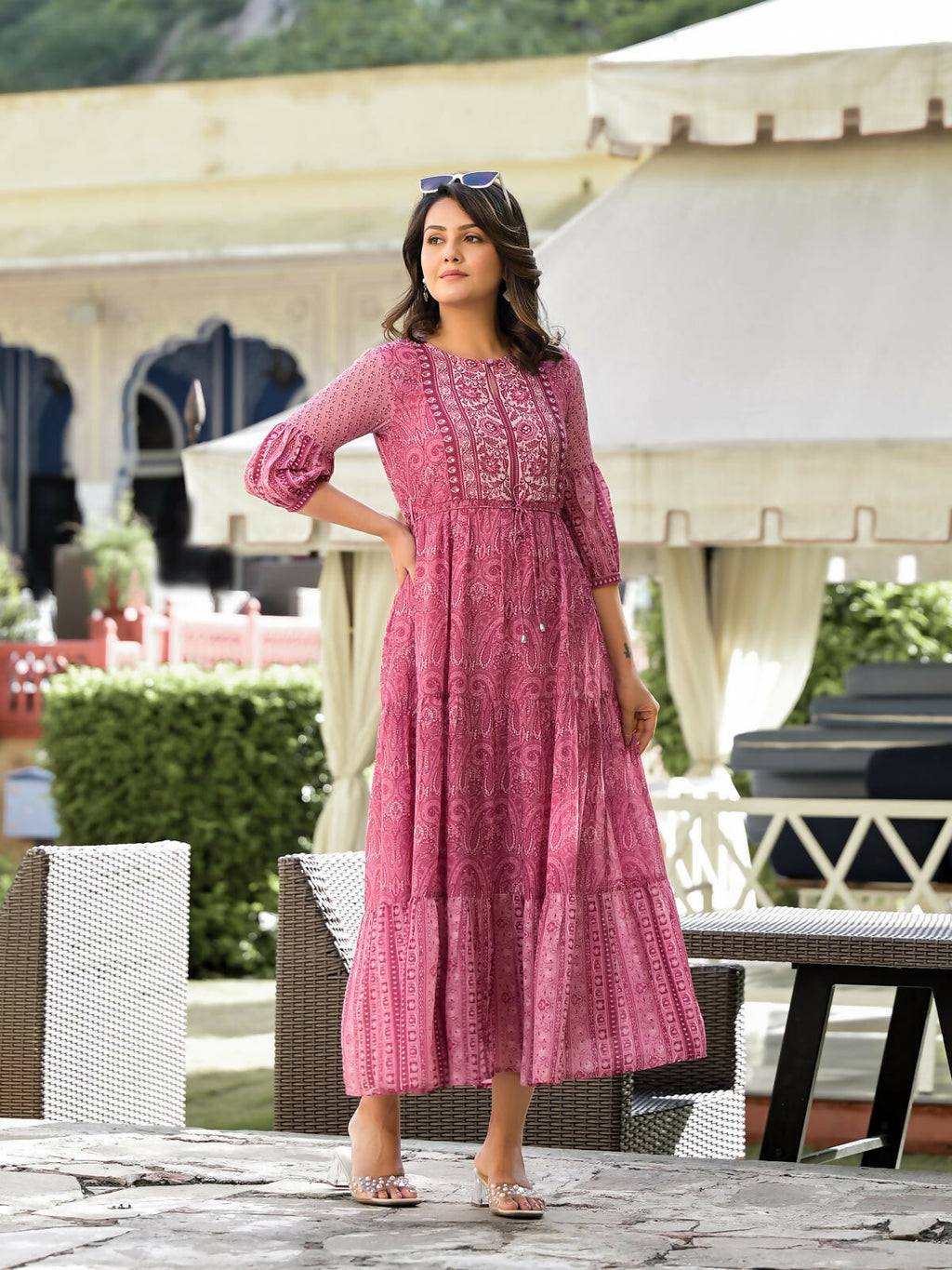 Juniper Women's Onion Pink Ethnic Motif Printed Georgette Gathers Maxi Dress With Sequins & Doris