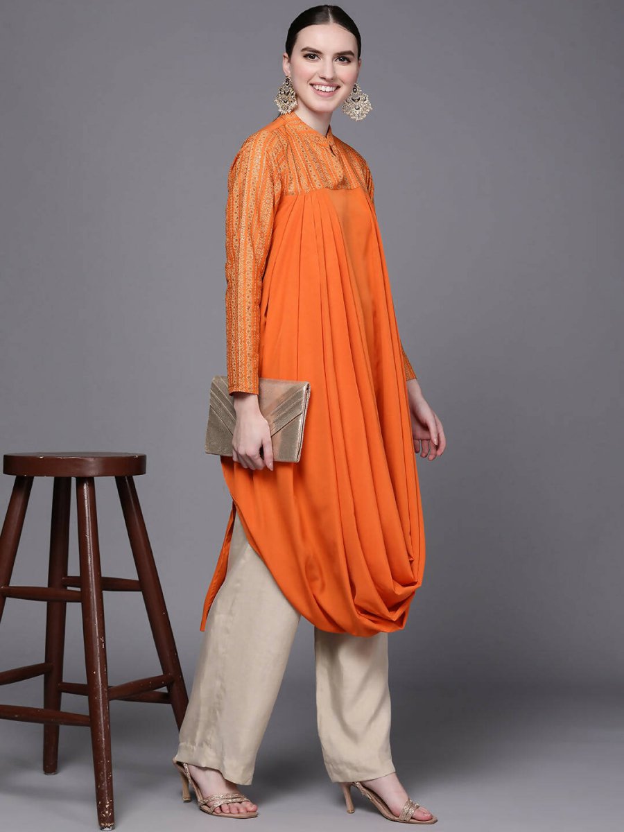 Ahalyaa Women Orange Ethnic Motifs Printed Crepe Cowl Kurta