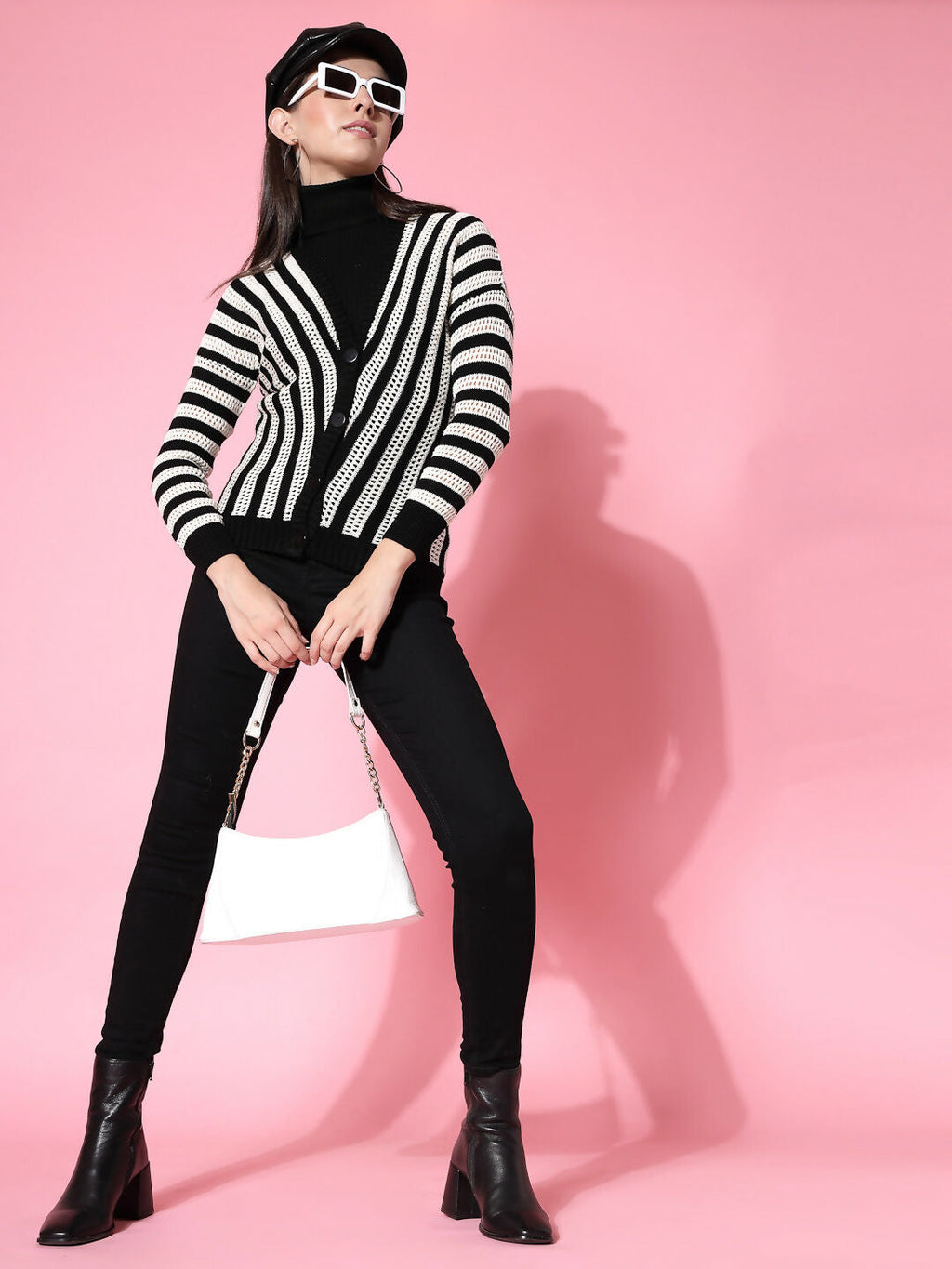 Women Black Acrylic Stripe Cardigan - Wool Trees