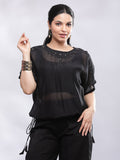 BohoJazz Signature Mul Two Layer Blouson Kimono Top with Motif - Black