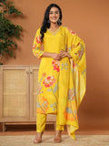 Yufta Mustard Muslin Hand_Embroidery V-Neck Kurta Dupatta Pant Set