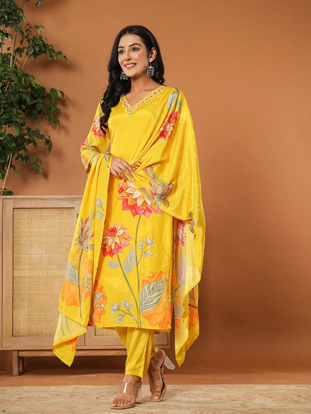 Yufta Mustard Muslin Hand_Embroidery V-Neck Kurta Dupatta Pant Set