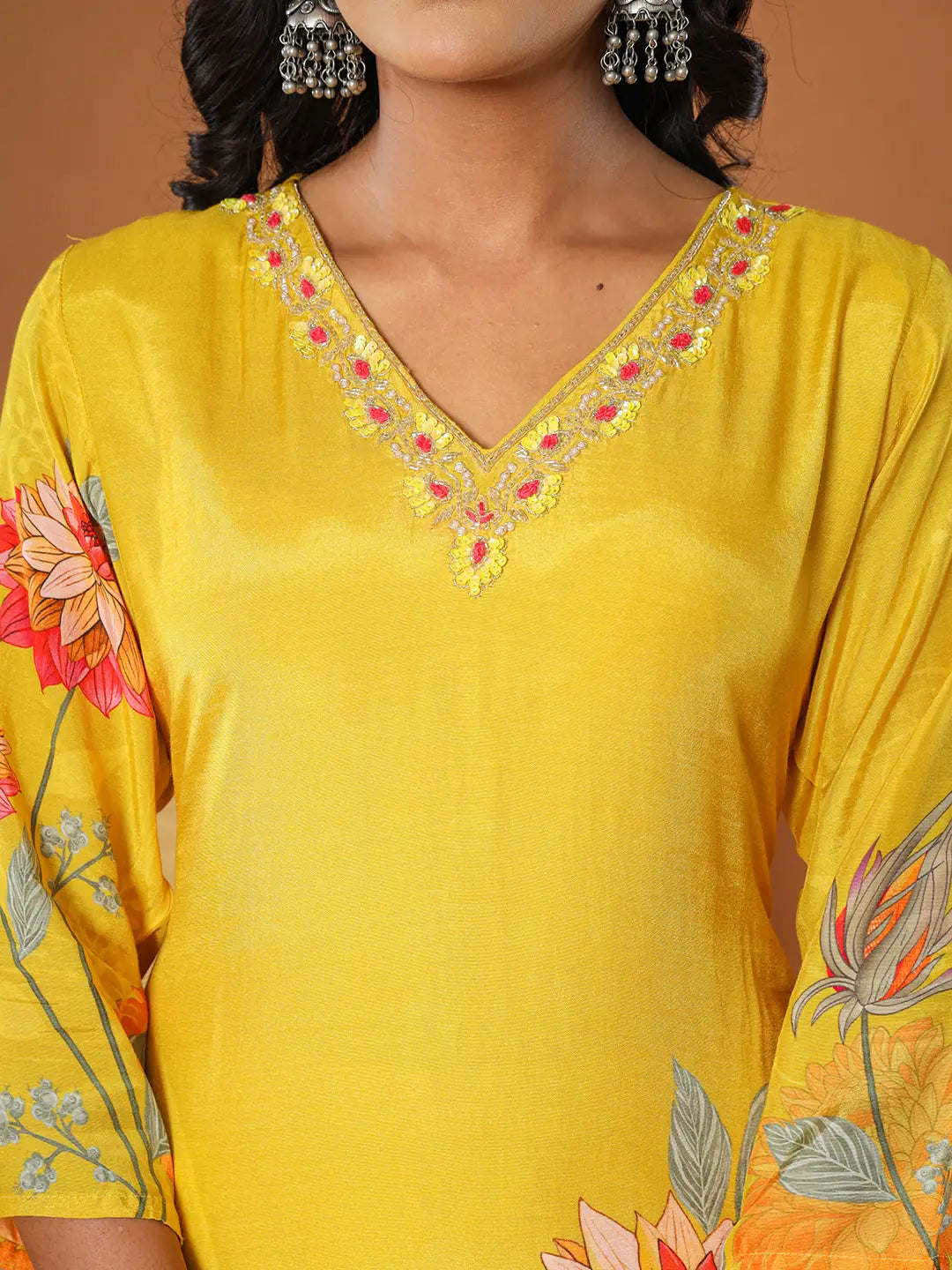 Yufta Mustard Muslin Hand_Embroidery V-Neck Kurta Dupatta Pant Set