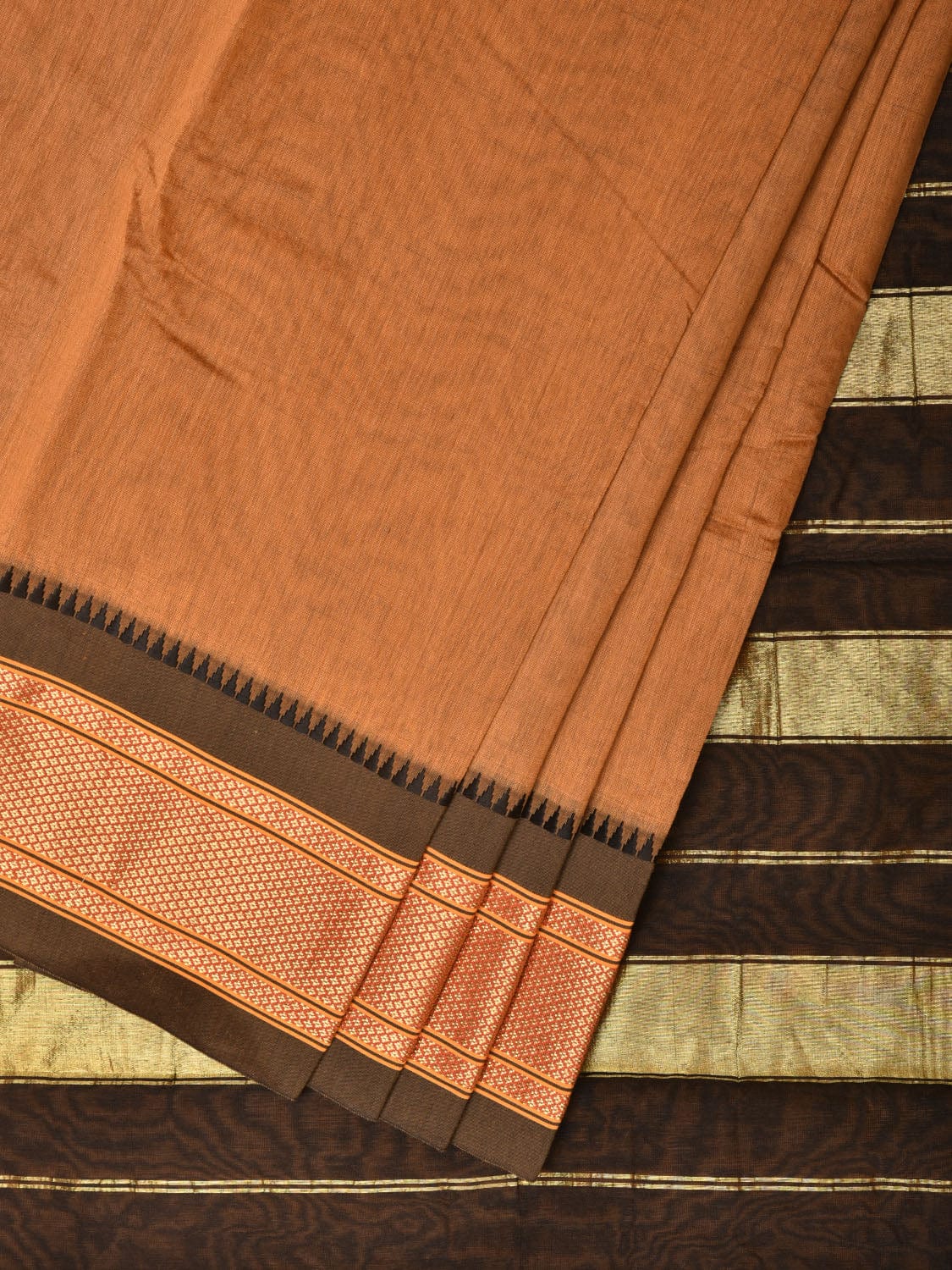 Mustard and Black Bamboo Cotton Plain Saree with Strips Pallu Design No Blouse - Global Threads