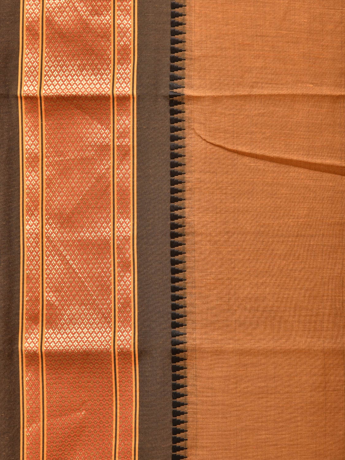 Mustard and Black Bamboo Cotton Plain Saree with Strips Pallu Design No Blouse - Global Threads
