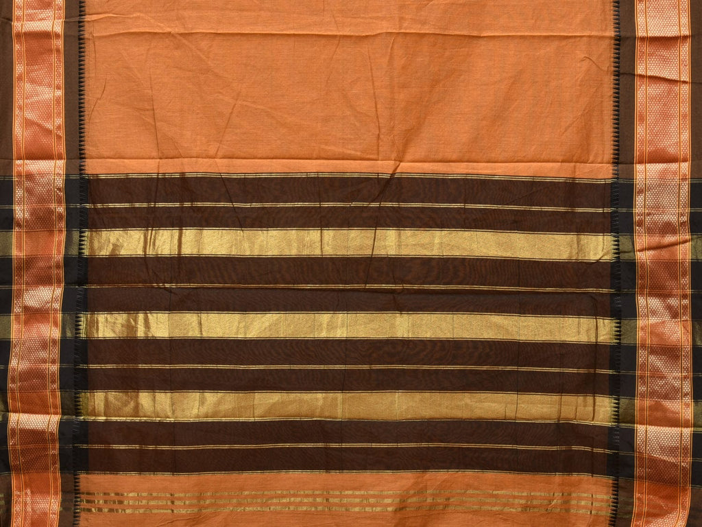 Mustard and Black Bamboo Cotton Plain Saree with Strips Pallu Design No Blouse - Global Threads
