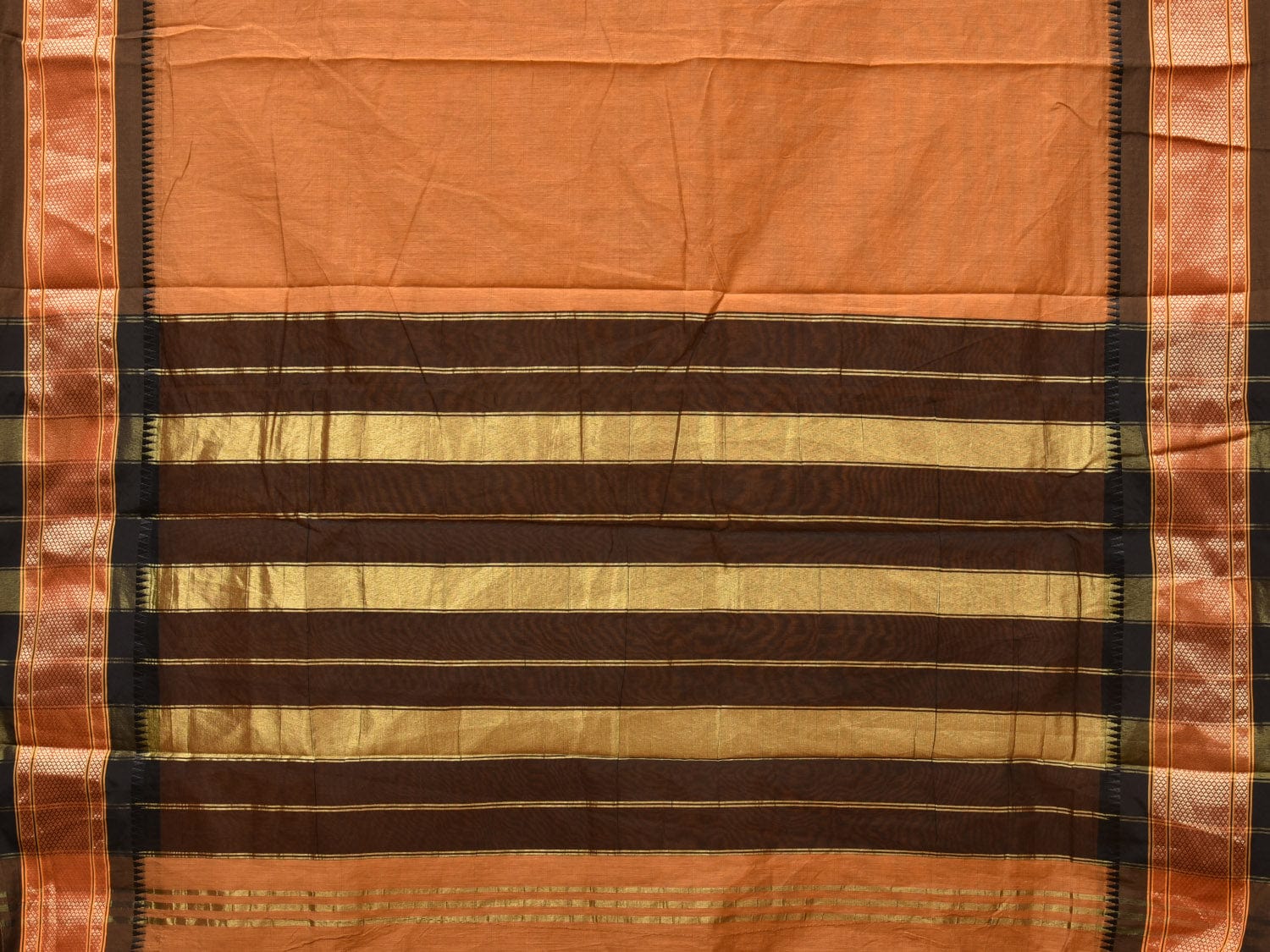 Mustard and Black Bamboo Cotton Plain Saree with Strips Pallu Design No Blouse - Global Threads