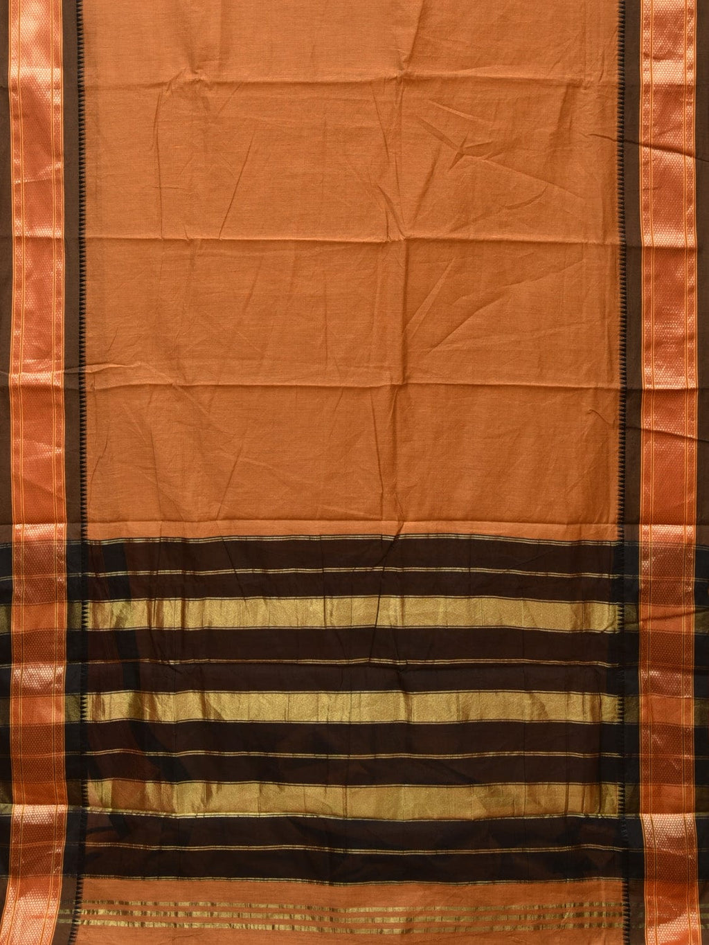 Mustard and Black Bamboo Cotton Plain Saree with Strips Pallu Design No Blouse - Global Threads