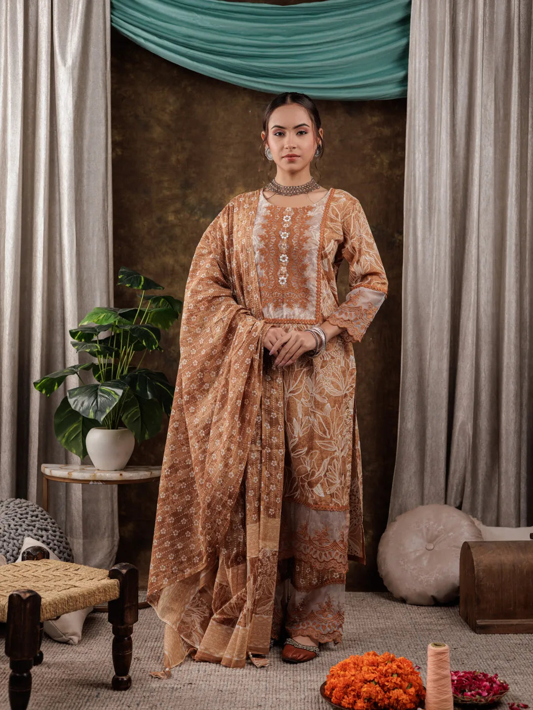 Yufta Mustard Cotton Kurta Dupatta Set With Lace Detailing