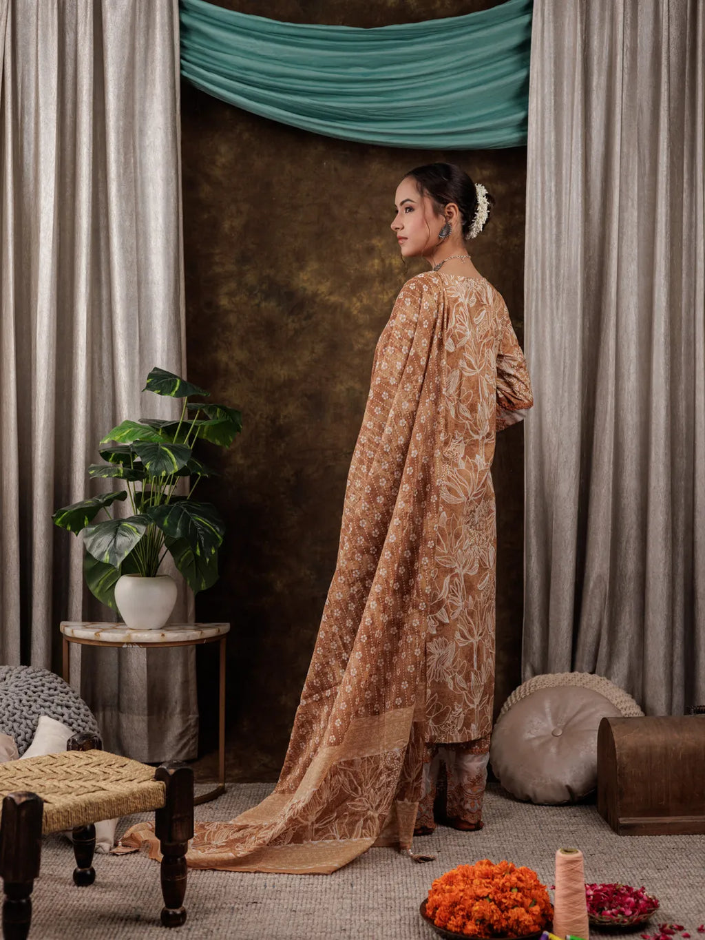 Yufta Mustard Cotton Kurta Dupatta Set With Lace Detailing
