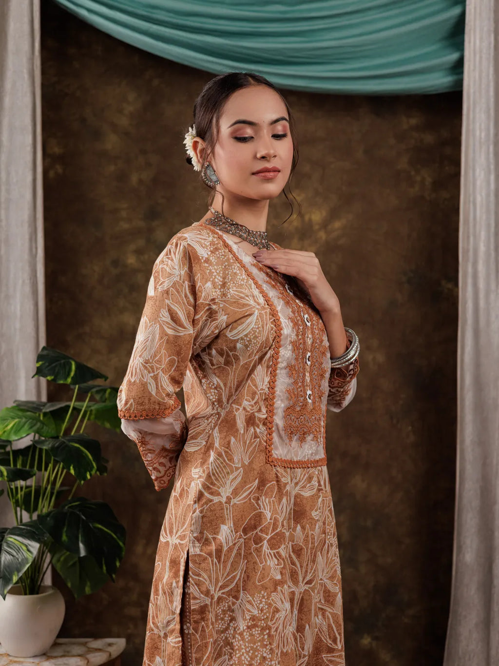 Yufta Mustard Cotton Kurta Dupatta Set With Lace Detailing