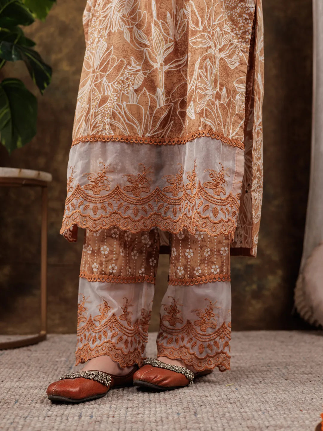Yufta Mustard Cotton Kurta Dupatta Set With Lace Detailing