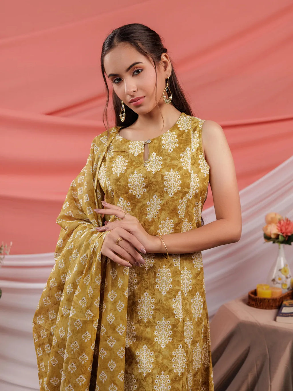 Yufta Mustard Ethnic Motifs Cotton A-Line Kurta Trouser & Dupatta Set