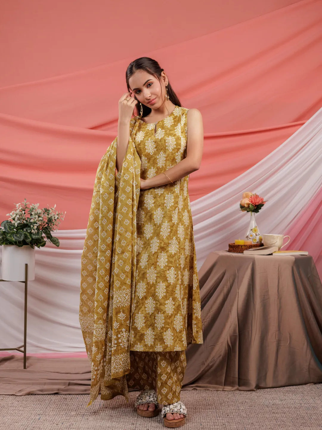 Yufta Mustard Ethnic Motifs Cotton A-Line Kurta Trouser & Dupatta Set