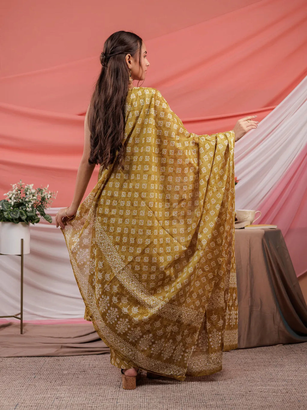 Yufta Mustard Ethnic Motifs Cotton A-Line Kurta Trouser & Dupatta Set