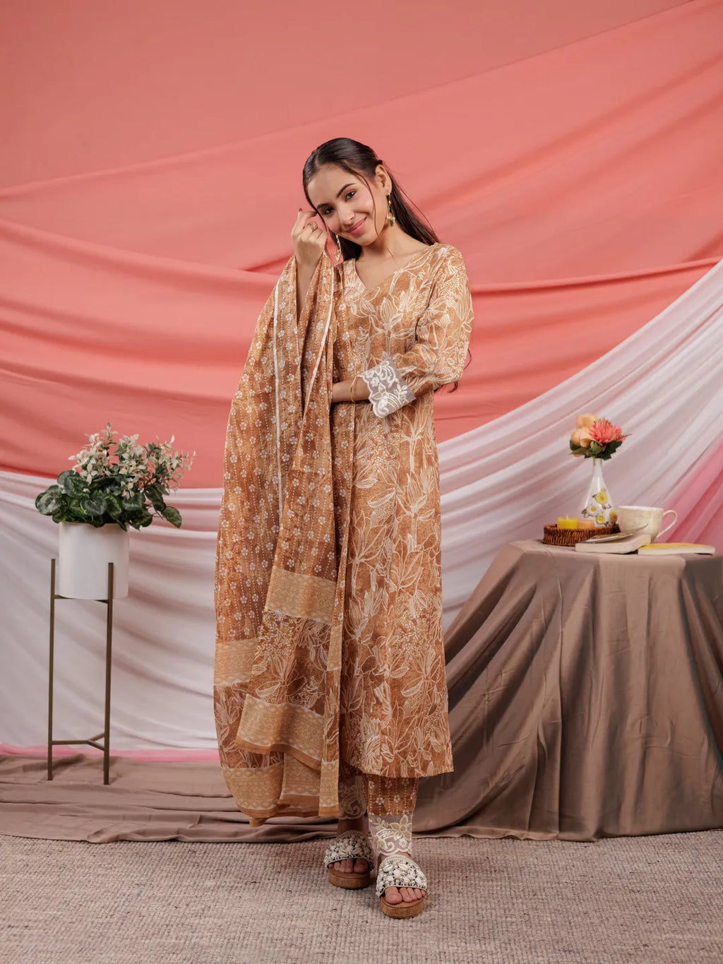 Yufta Mustard Floral Print Cotton Straight Kurta Trouser Dupatta Set