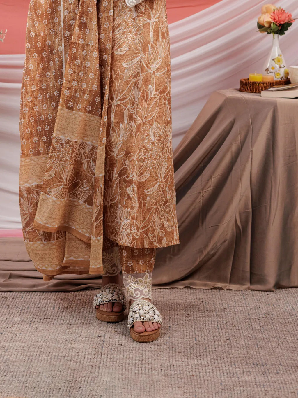 Yufta Mustard Floral Print Cotton Straight Kurta Trouser Dupatta Set