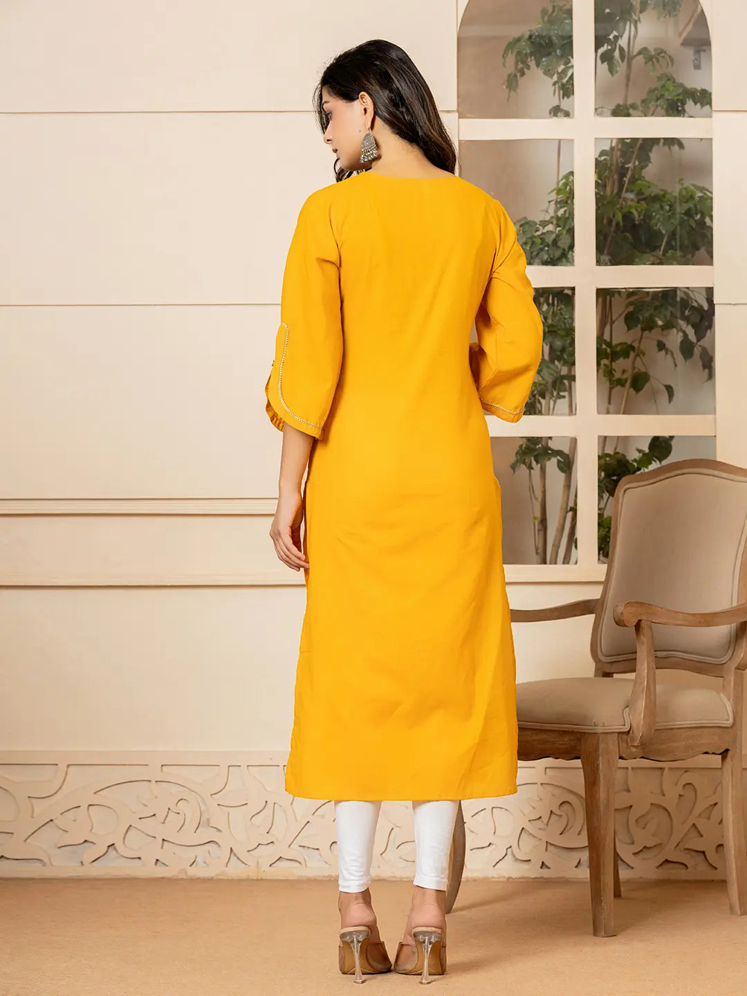 Yufta Mustard Hand Painted Straight Kurta