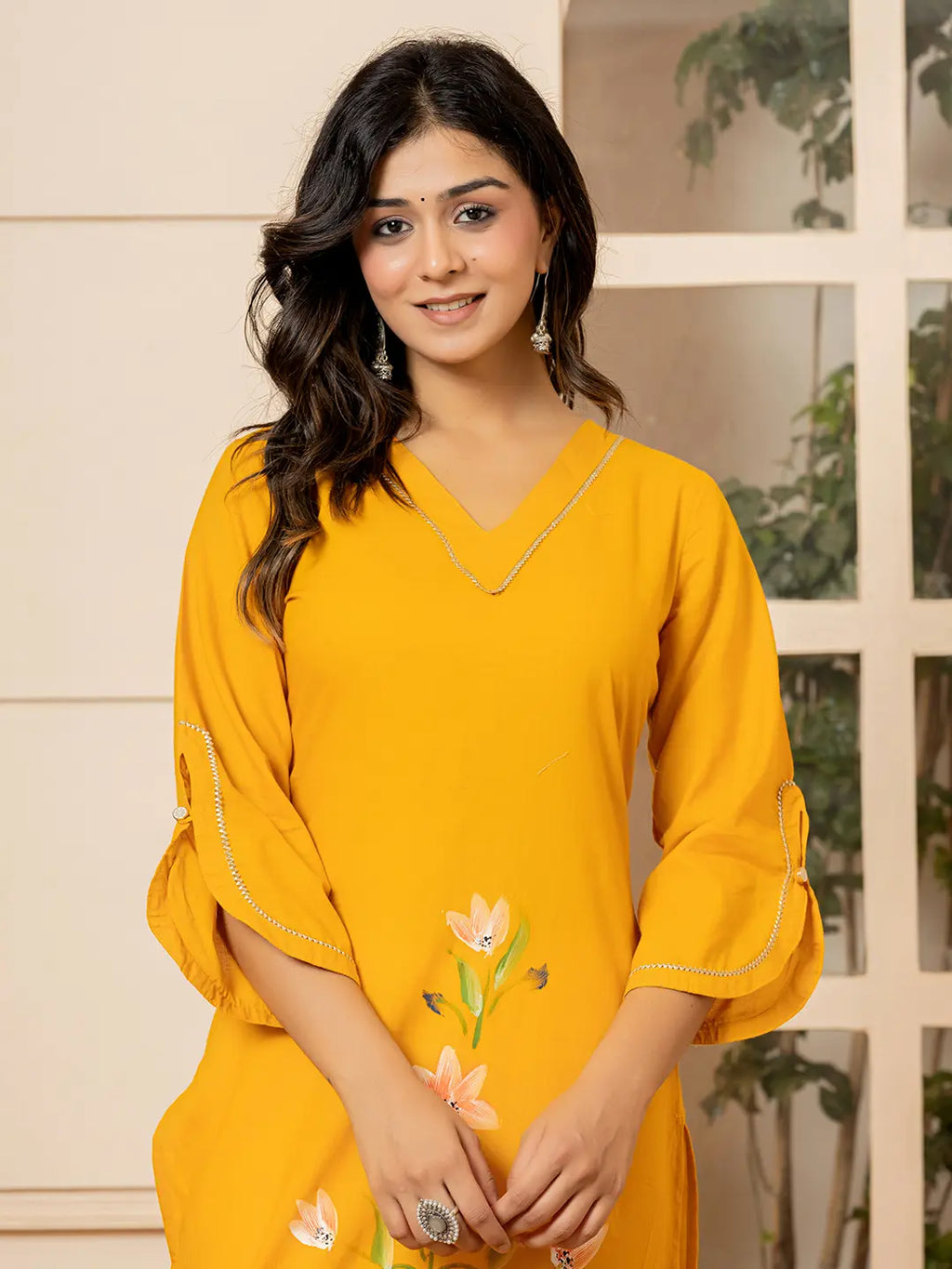 Yufta Mustard Hand Painted Straight Kurta