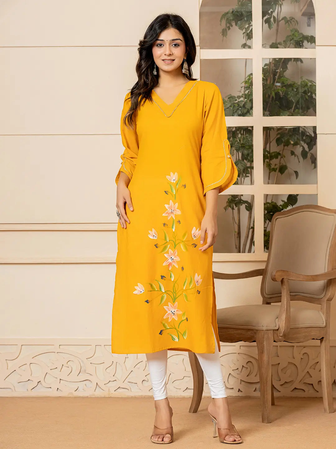 Yufta Mustard Hand Painted Straight Kurta