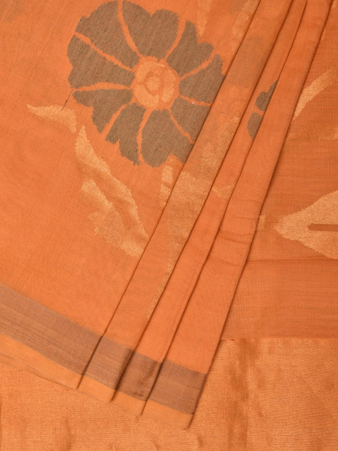 Mustard Khadi Cotton Handloom Saree with All Over Big Flowers Design - Global Threads