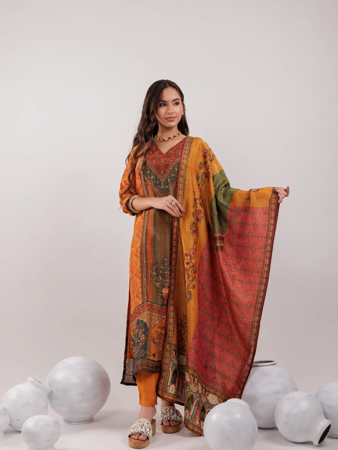 Yufta Mustard Pure Shimmer Tissue With Pure Viscose Trouser And Shimmer Dupatta