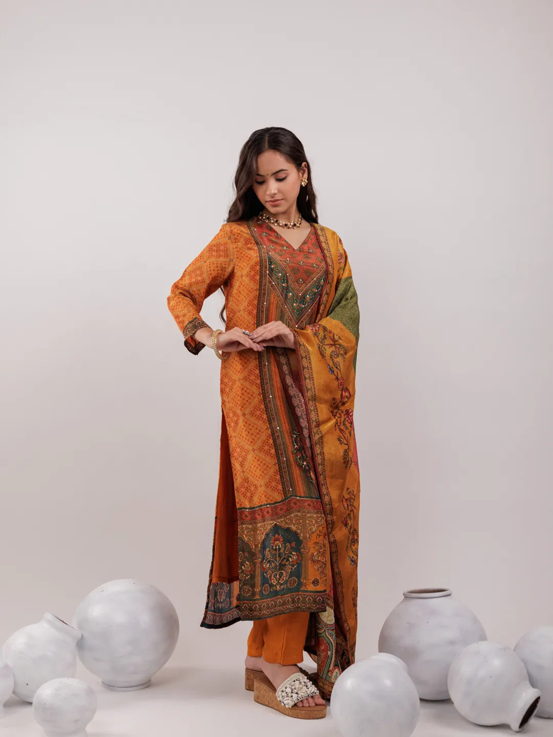 Yufta Mustard Pure Shimmer Tissue With Pure Viscose Trouser And Shimmer Dupatta