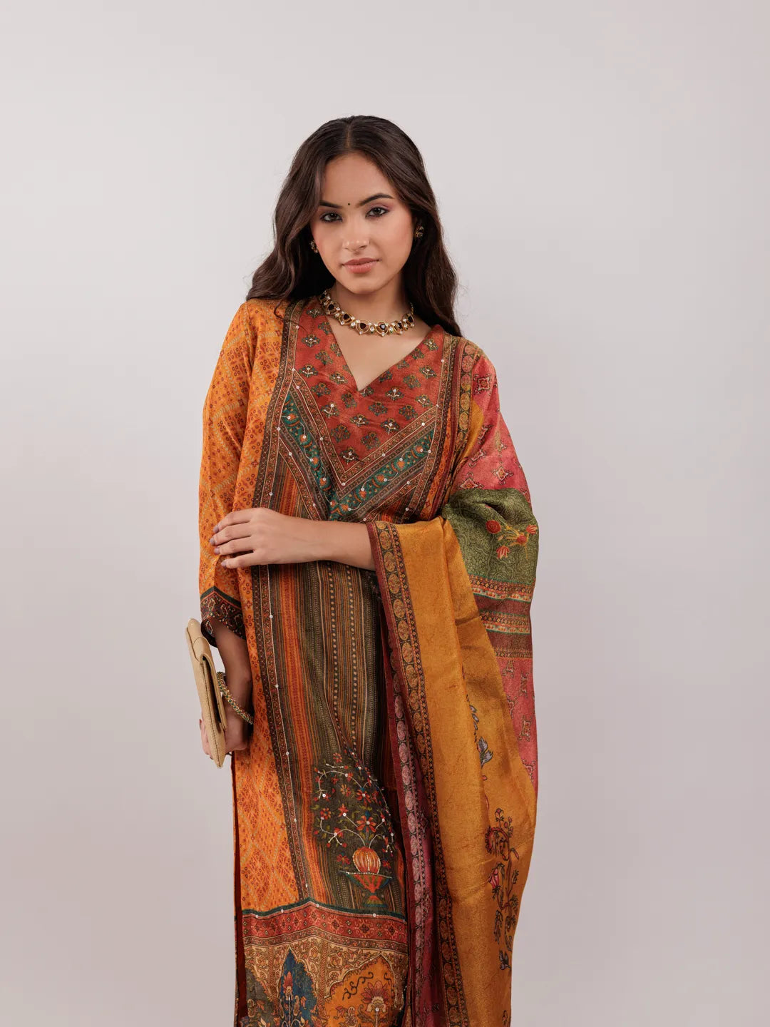 Yufta Mustard Pure Shimmer Tissue With Pure Viscose Trouser And Shimmer Dupatta