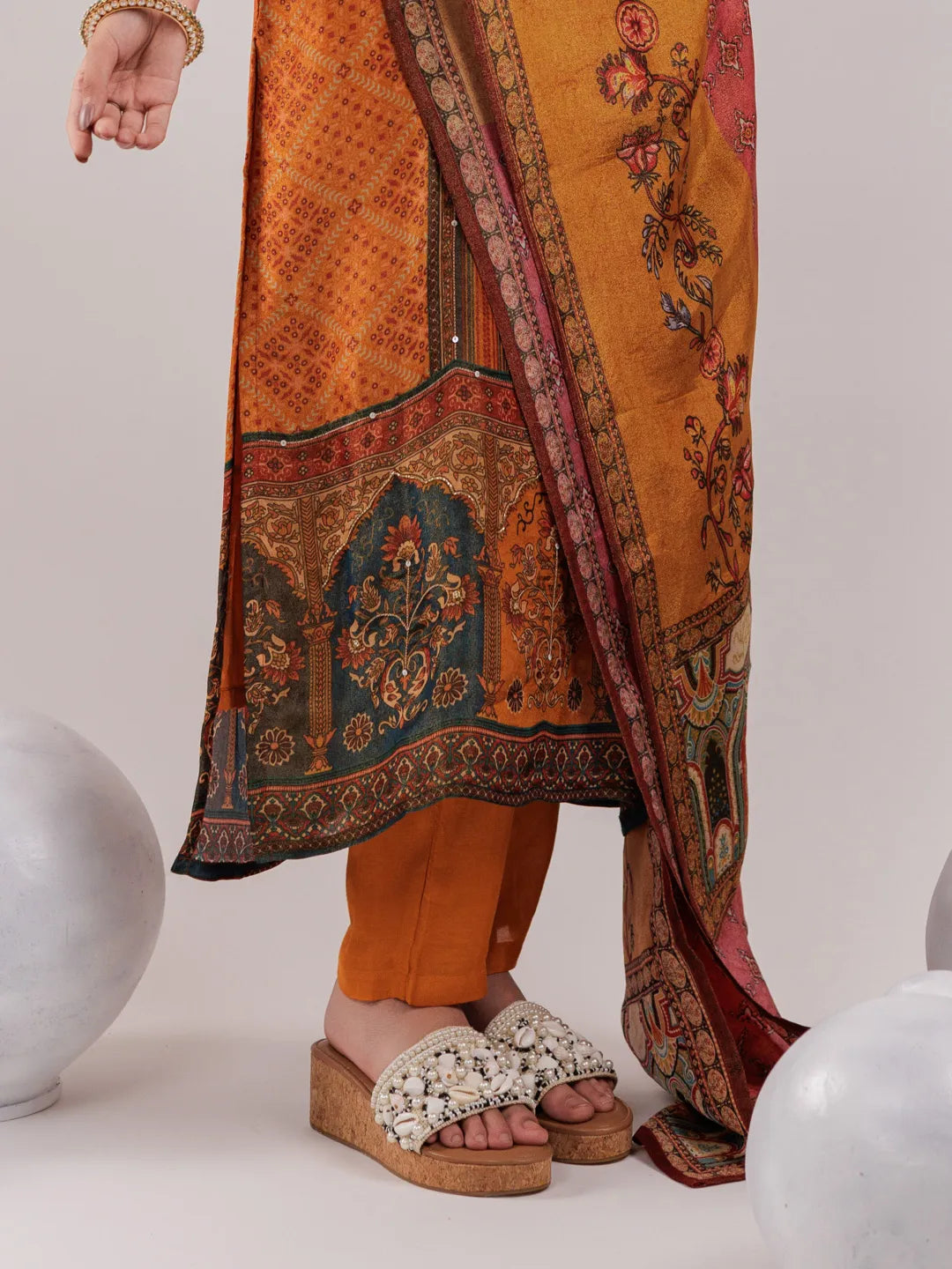 Yufta Mustard Pure Shimmer Tissue With Pure Viscose Trouser And Shimmer Dupatta