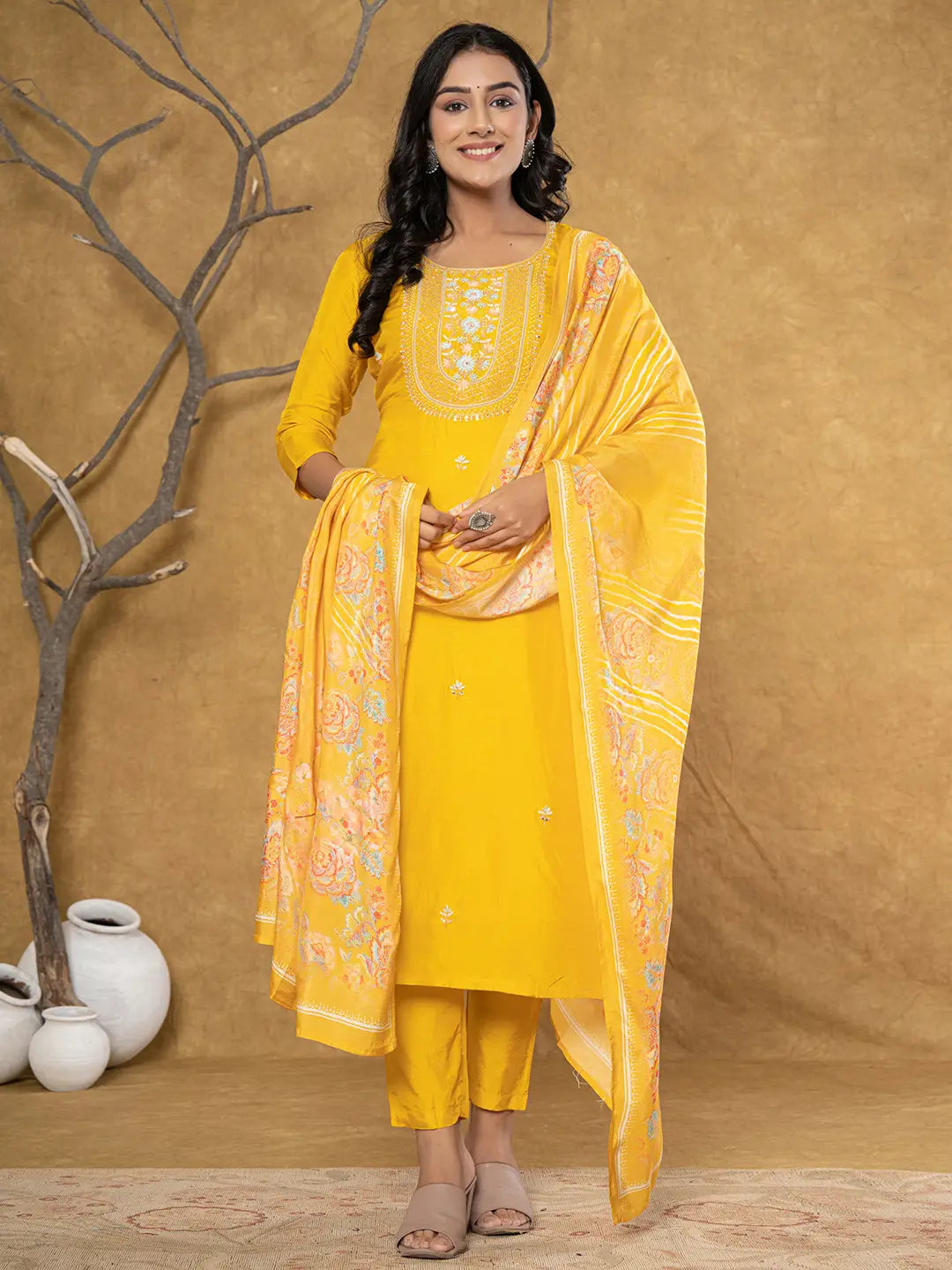 Yufta Mustard Silk Beads And Stones,Sequins_Work Kurta Dupatta Set