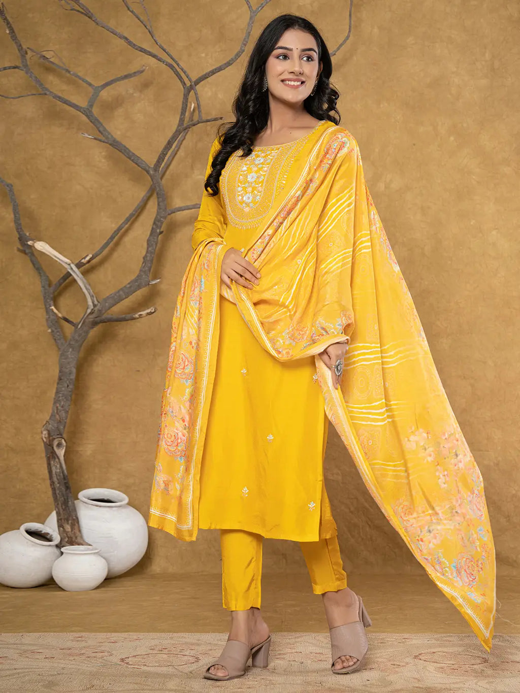 Yufta Mustard Silk Beads And Stones,Sequins_Work Kurta Dupatta Set