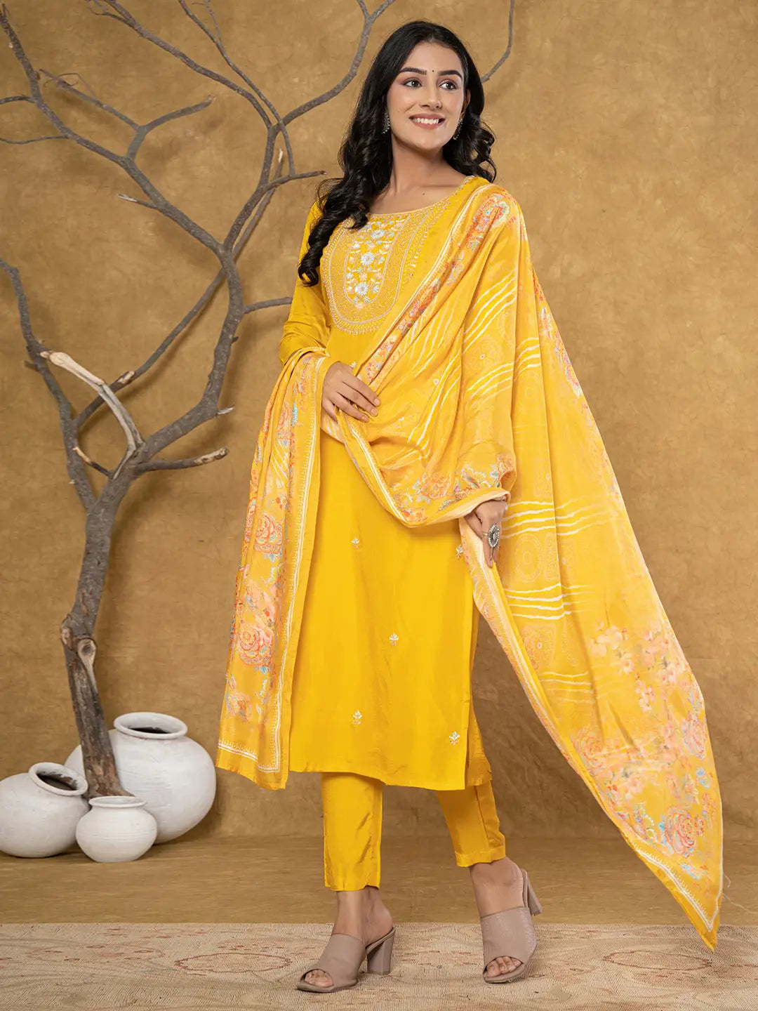 Yufta Mustard Silk Beads And Stones,Sequins_Work Kurta Dupatta Set
