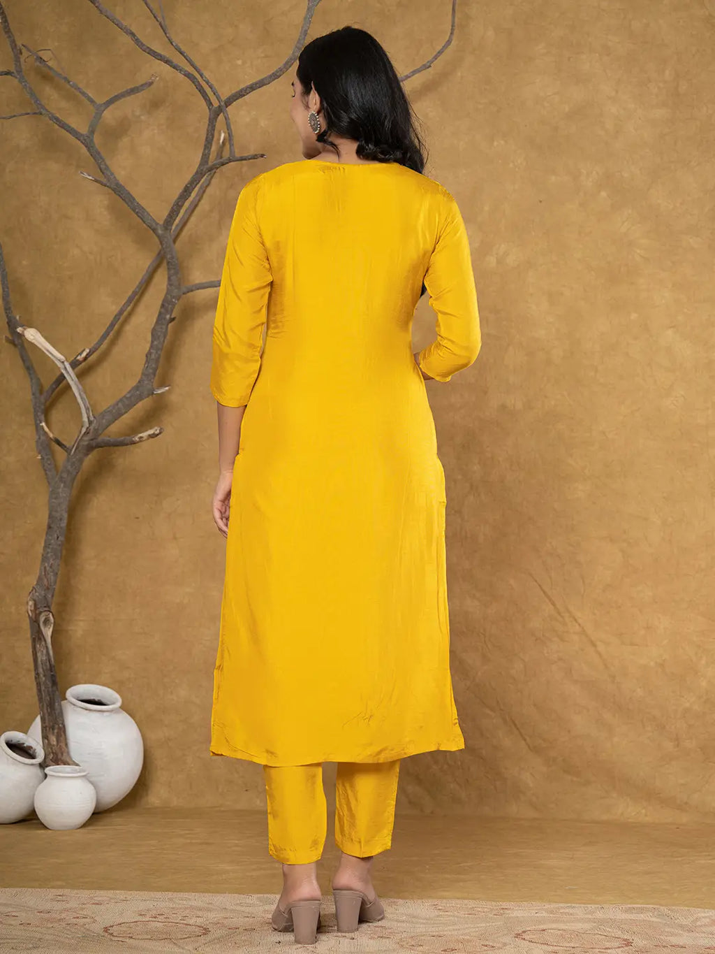 Yufta Mustard Silk Beads And Stones,Sequins_Work Kurta Dupatta Set