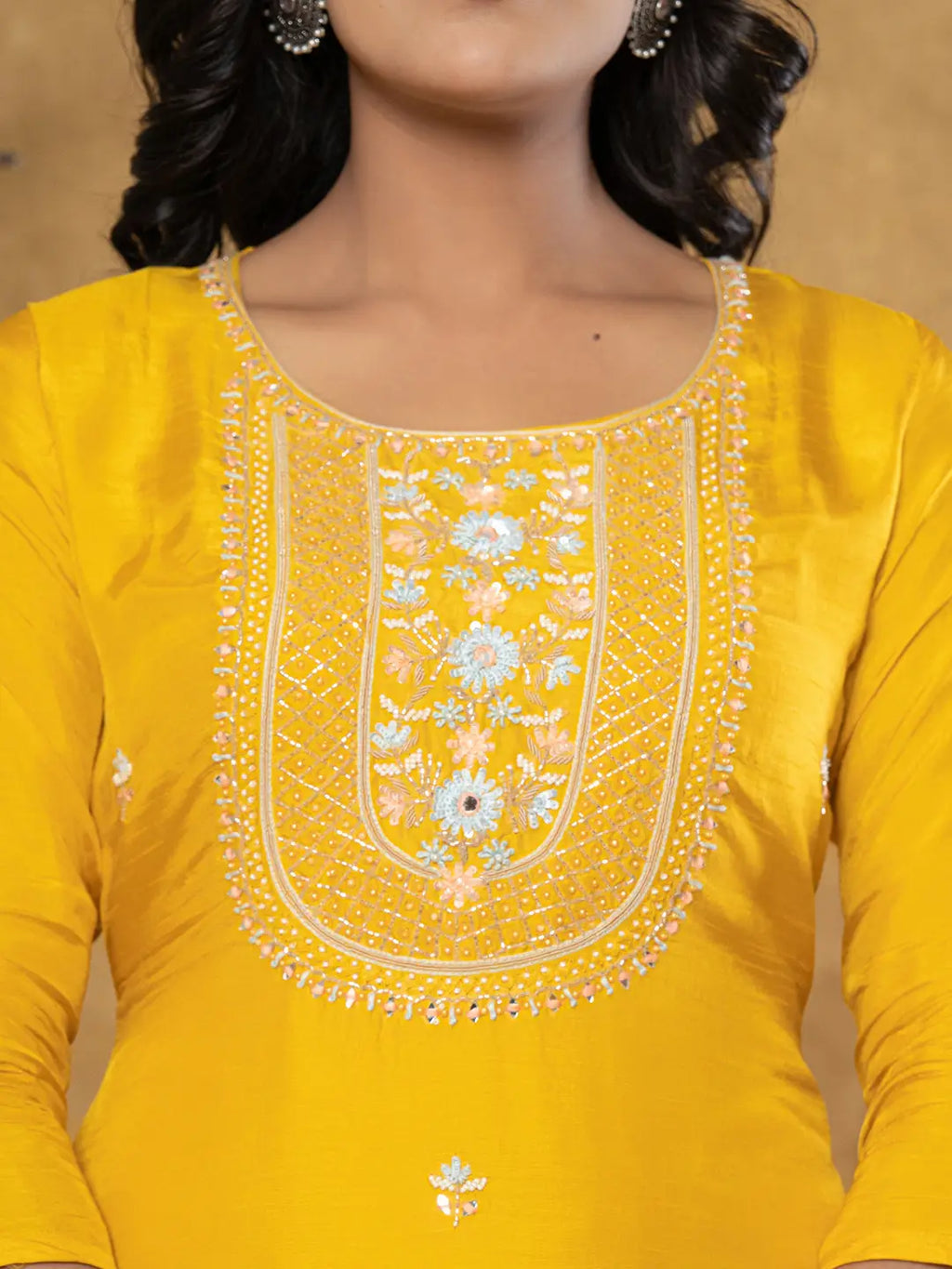 Yufta Mustard Silk Beads And Stones,Sequins_Work Kurta Dupatta Set