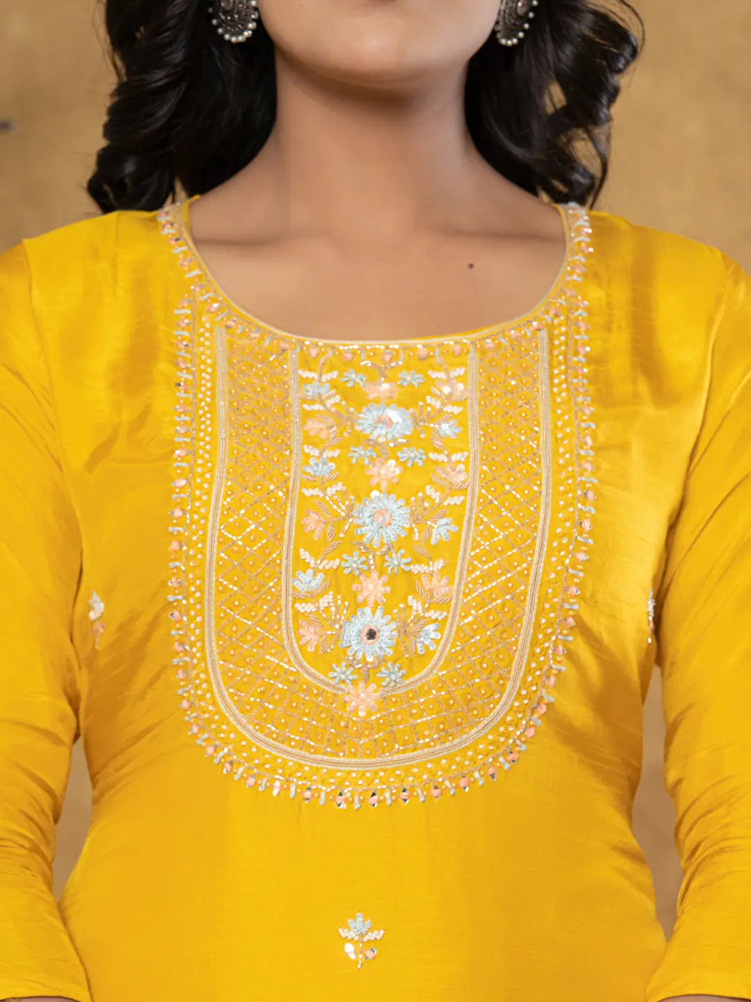 Yufta Mustard Silk Beads And Stones,Sequins_Work Kurta Dupatta Set