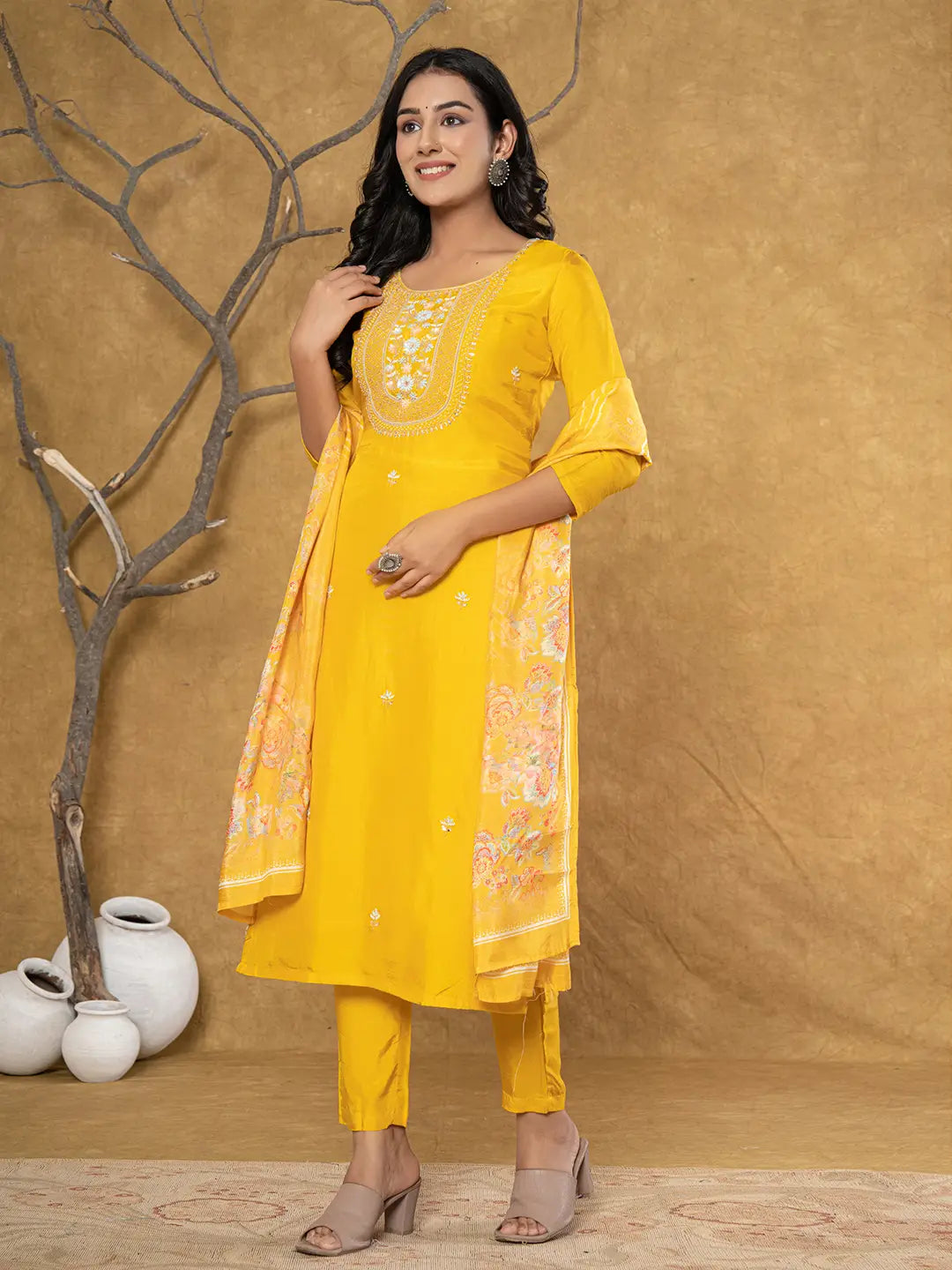 Yufta Mustard Silk Beads And Stones,Sequins_Work Kurta Dupatta Set