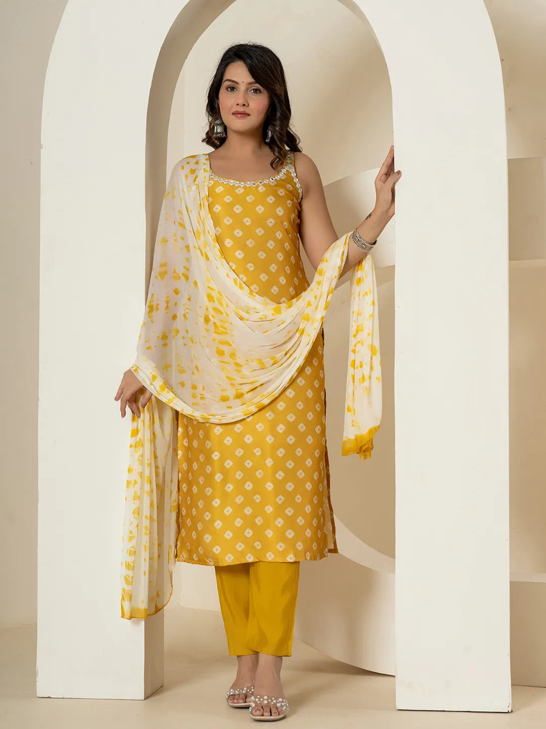 Yufta Mustard Silk Kurta Dupatta Pant Set
