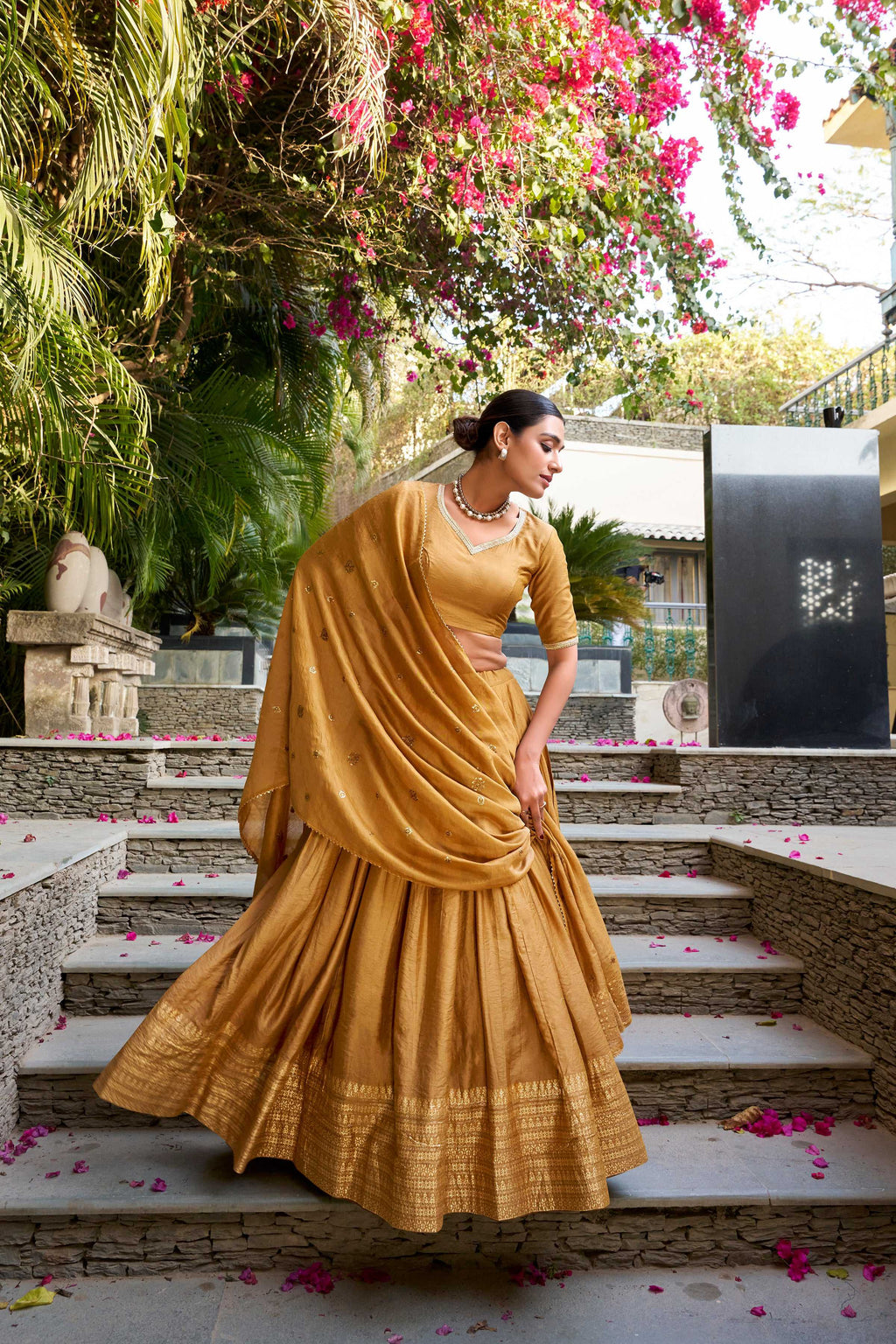 Evanik Women Pure Chanderi Plain With Zari Weaving Work Border Stitched Lehenga With Unstitched Blouse Dupatta(Up to 42)
