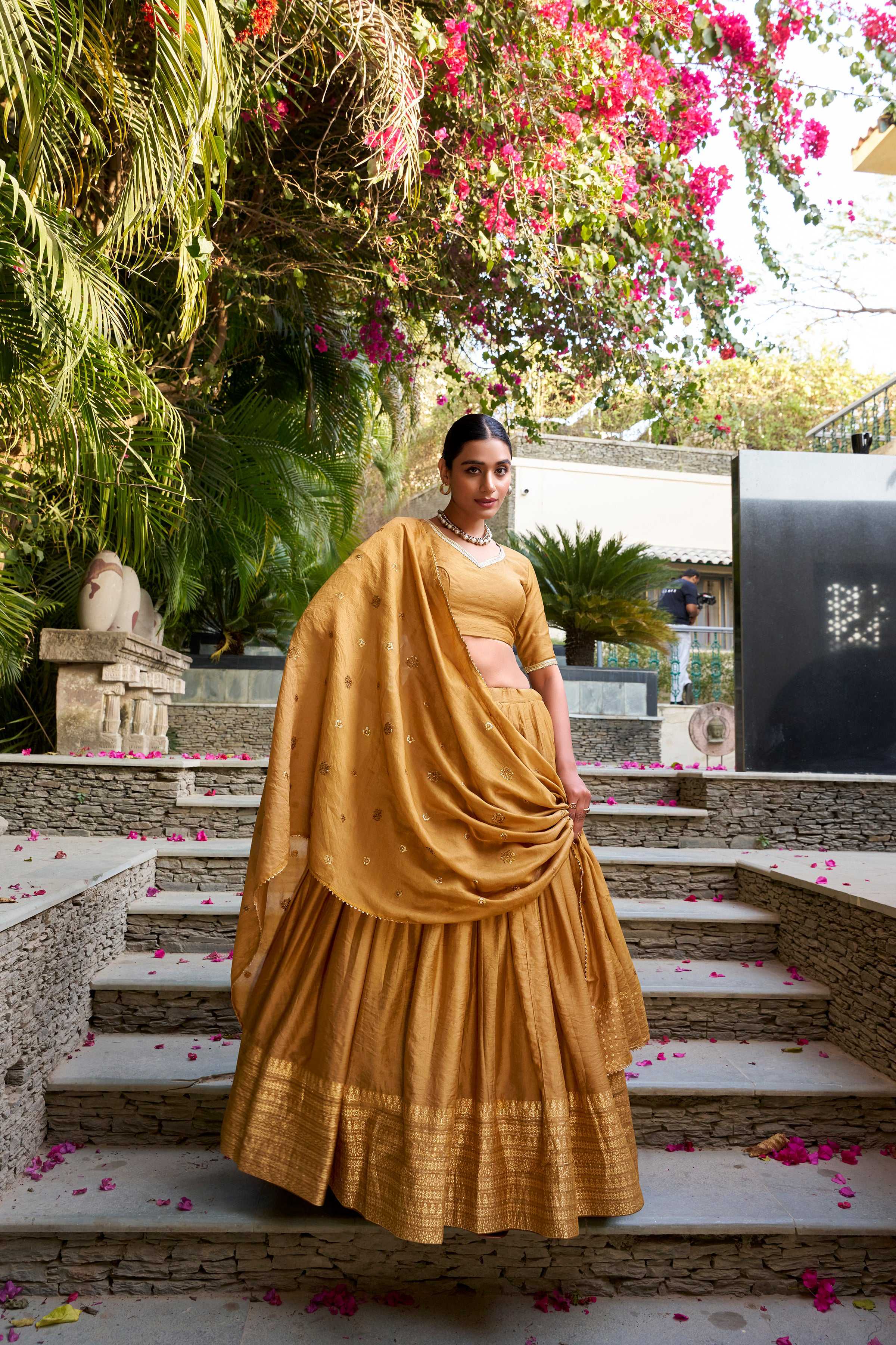 Evanik Women Pure Chanderi Plain With Zari Weaving Work Border Stitched Lehenga With Unstitched Blouse Dupatta(Up to 42)