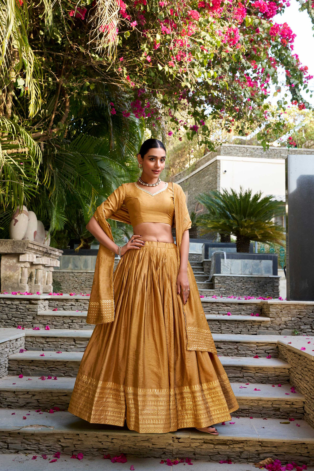 Evanik Women Pure Chanderi Plain With Zari Weaving Work Border Stitched Lehenga With Unstitched Blouse Dupatta(Up to 42)