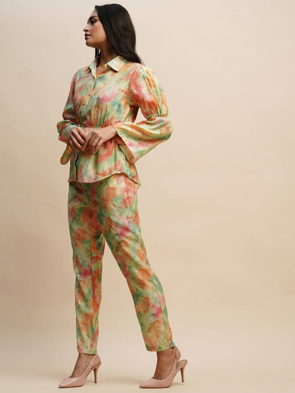 Light Green & Orange Poly Rayon Tie and dye Printed Top with Matching Trouser - Shivani