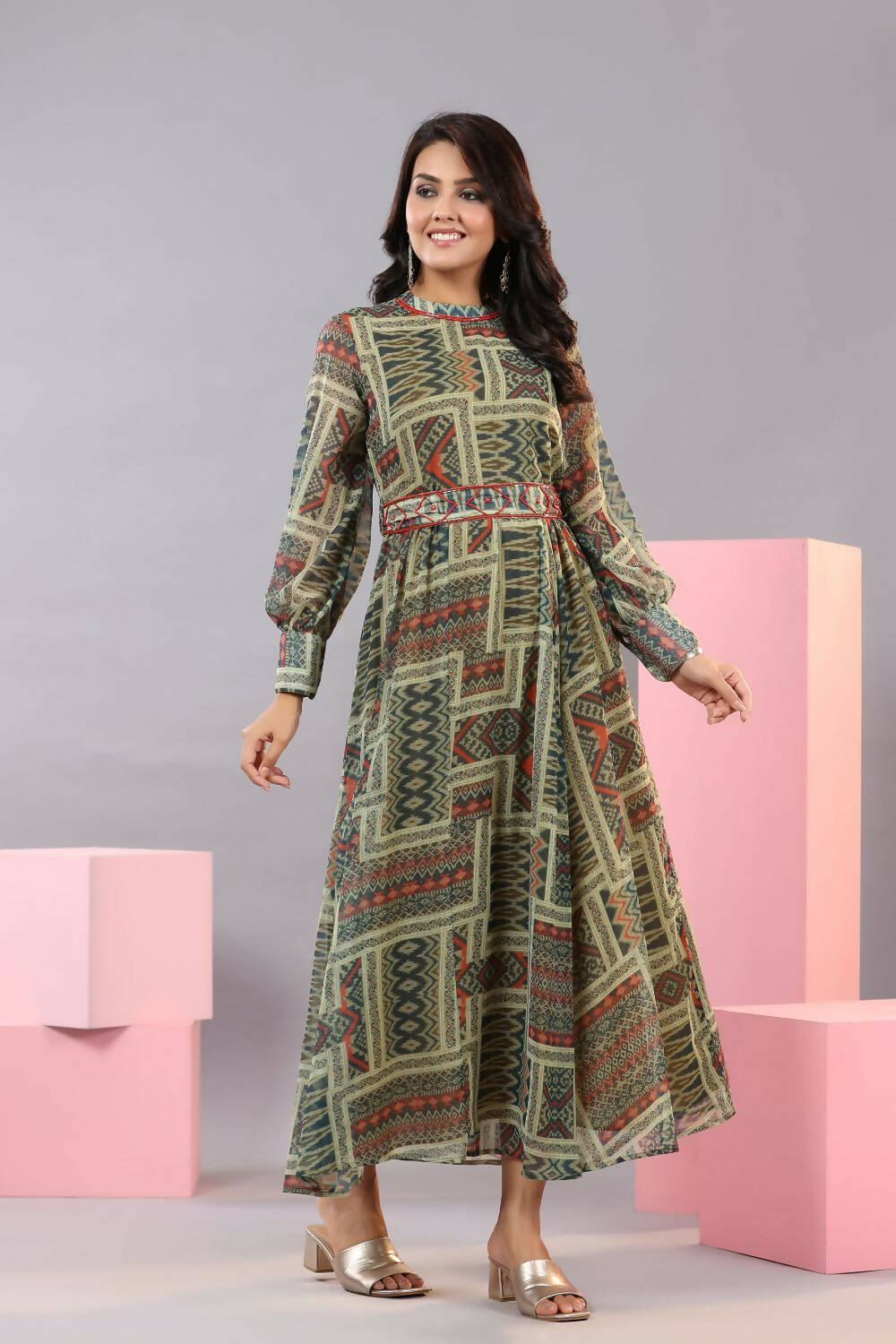 Juniper Women Green Chiffon Printed Maxi Dress